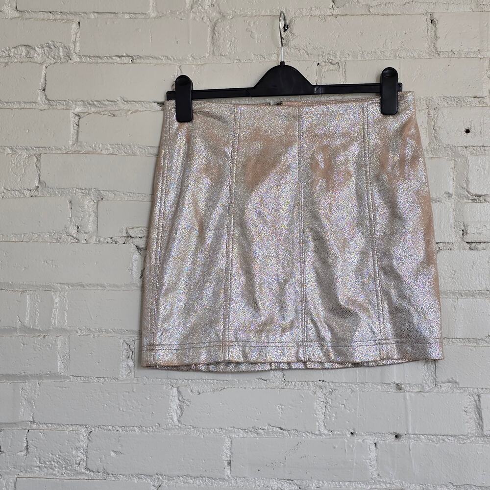 Free People Metallic Silver Glitter Mini Skirt | Maximalist Party Wear | Size 6